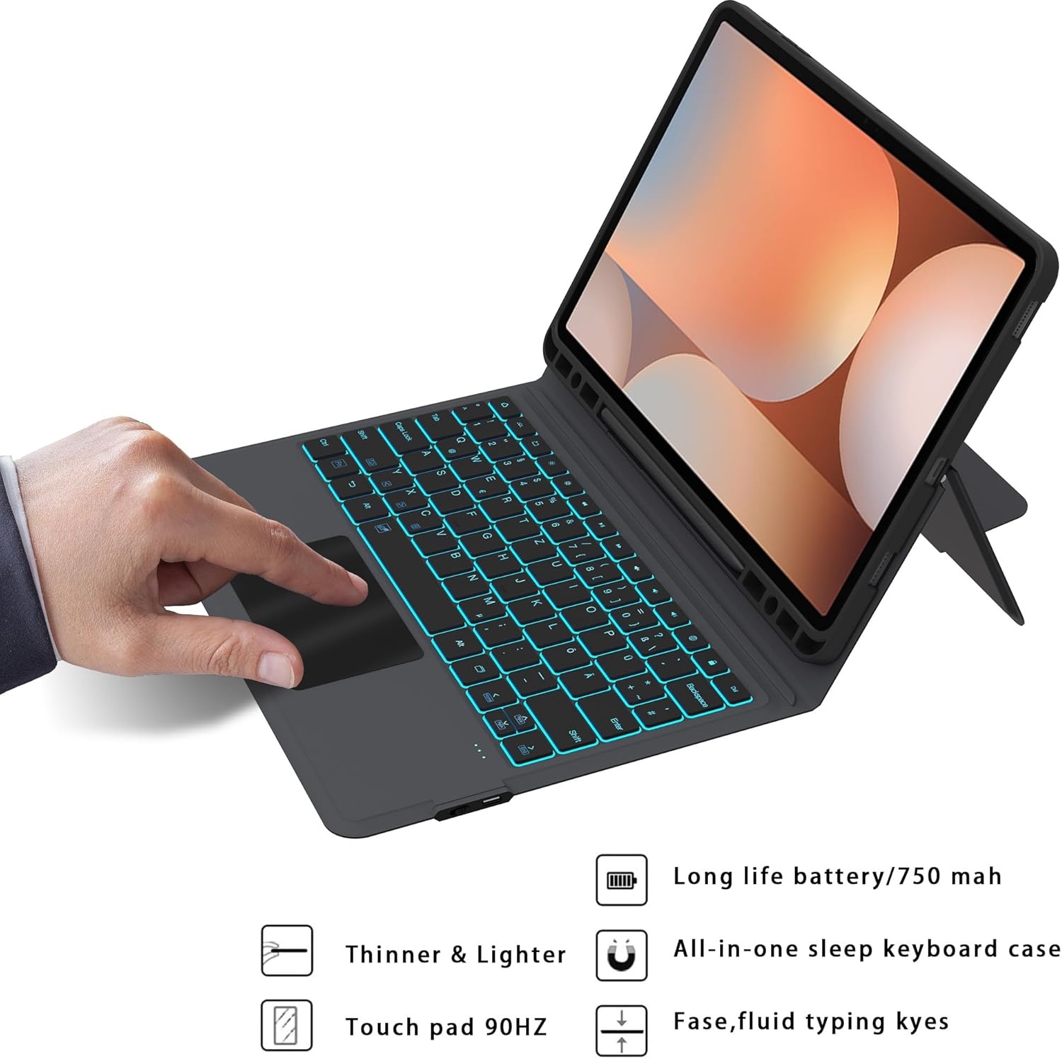 Hoes met QWERTZ Toetsenbord & 7 Kleuren Verlichting voor Samsung Tab S10+/S9+ (34% Korting)