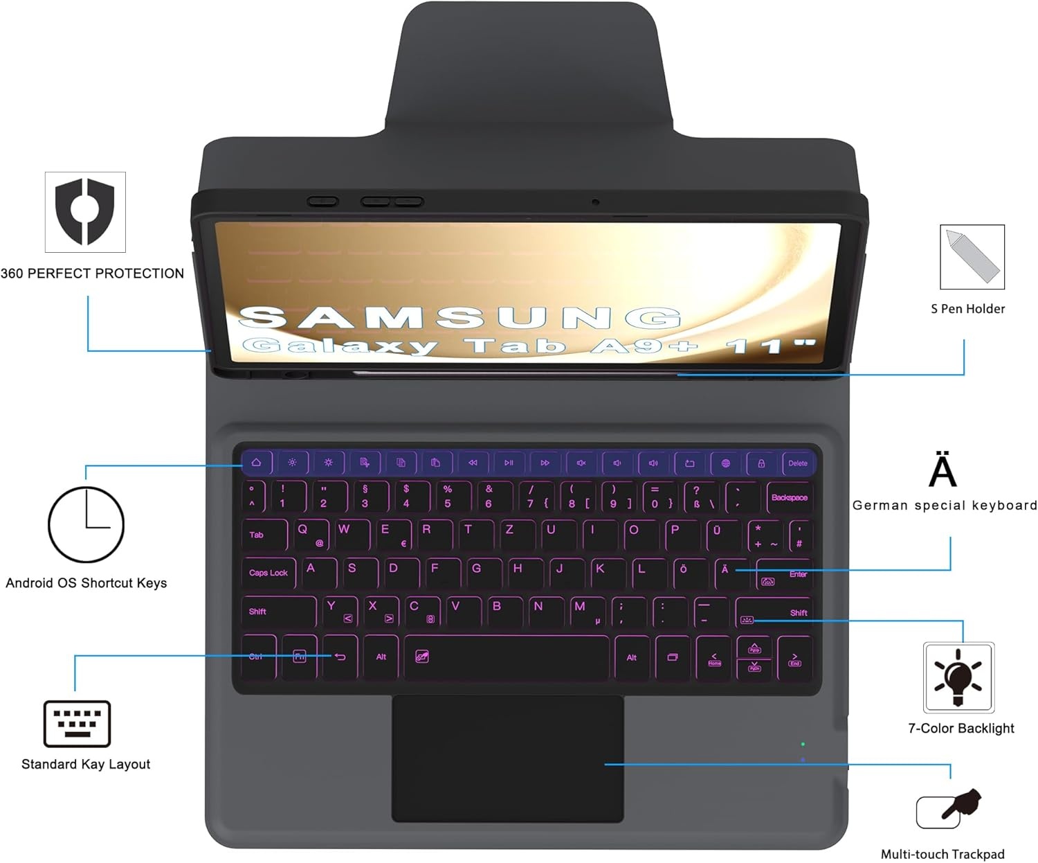 Toetsenbordhoes Samsung Tab A9+ Plus 11" met Touchpad & 7 Kleuren Verlichting - 29% Korting
