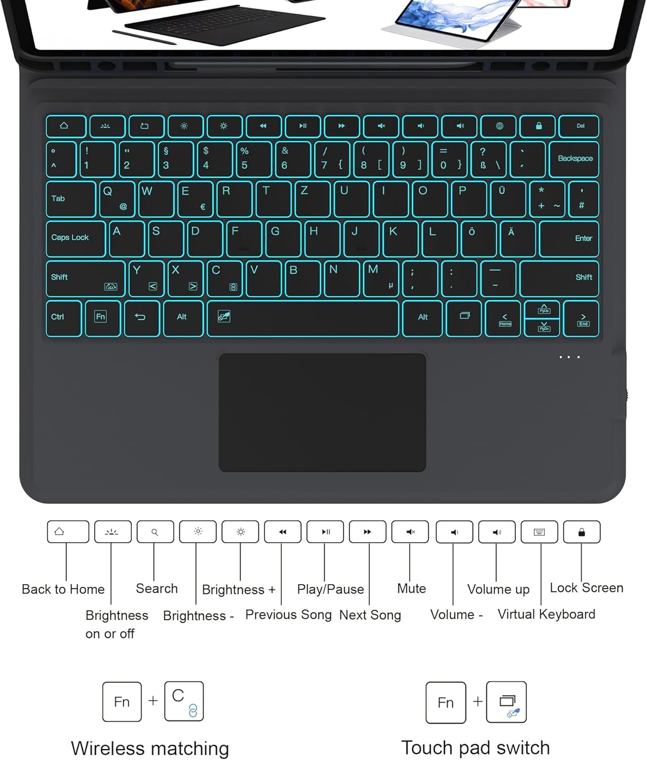 Draadloze Toetsenbordhoes met Touchpad voor Samsung Tab S7 FE/S8+/S7+ (36% Korting!)