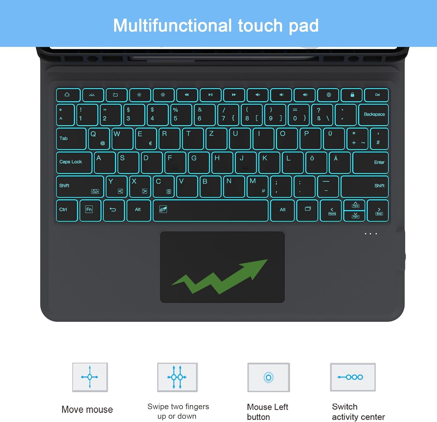 Toetsenbordhoes Samsung Tab S7 FE/S8+/S7+ 12.4" - QWERTZ, Kickstand, Verlicht