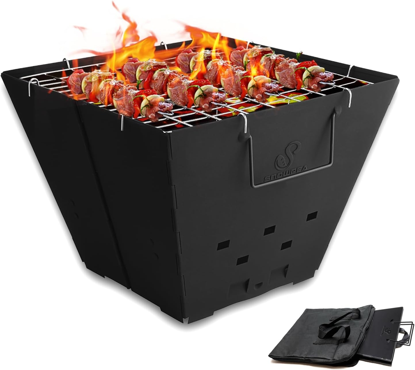 Draagbare Vuurkorf Inklapbaar met Grill & Draagtas - Zwart - 40% Korting