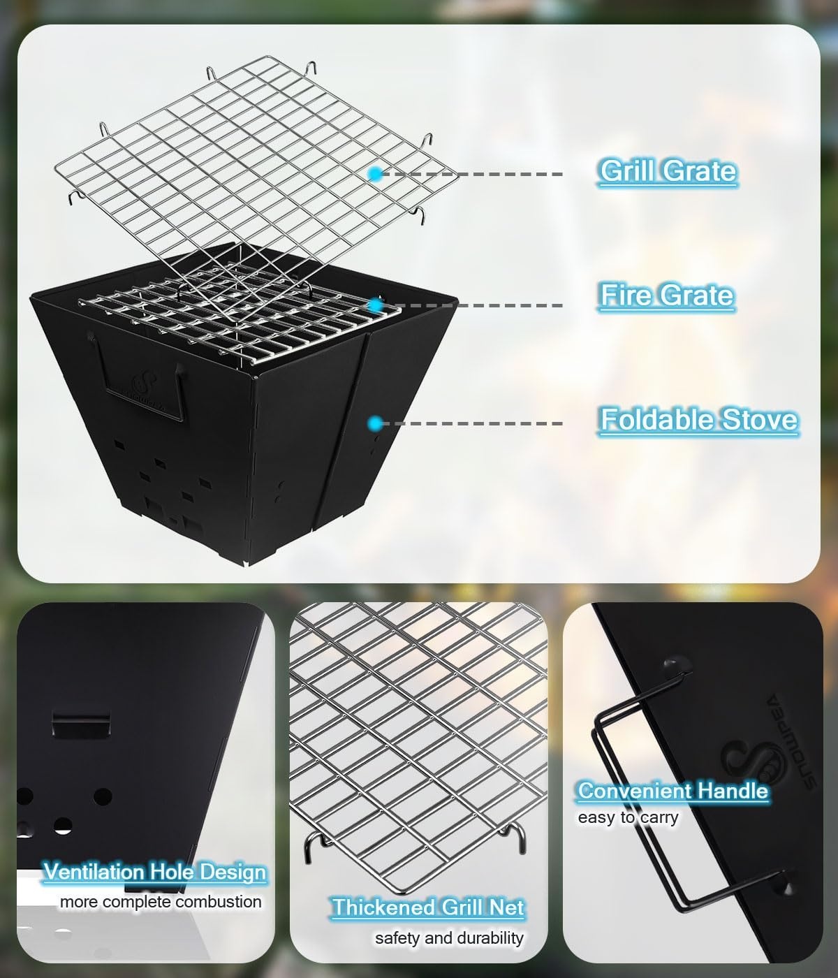 Draagbare Vuurkorf Inklapbaar met Grill & Draagtas - Zwart - 40% Korting