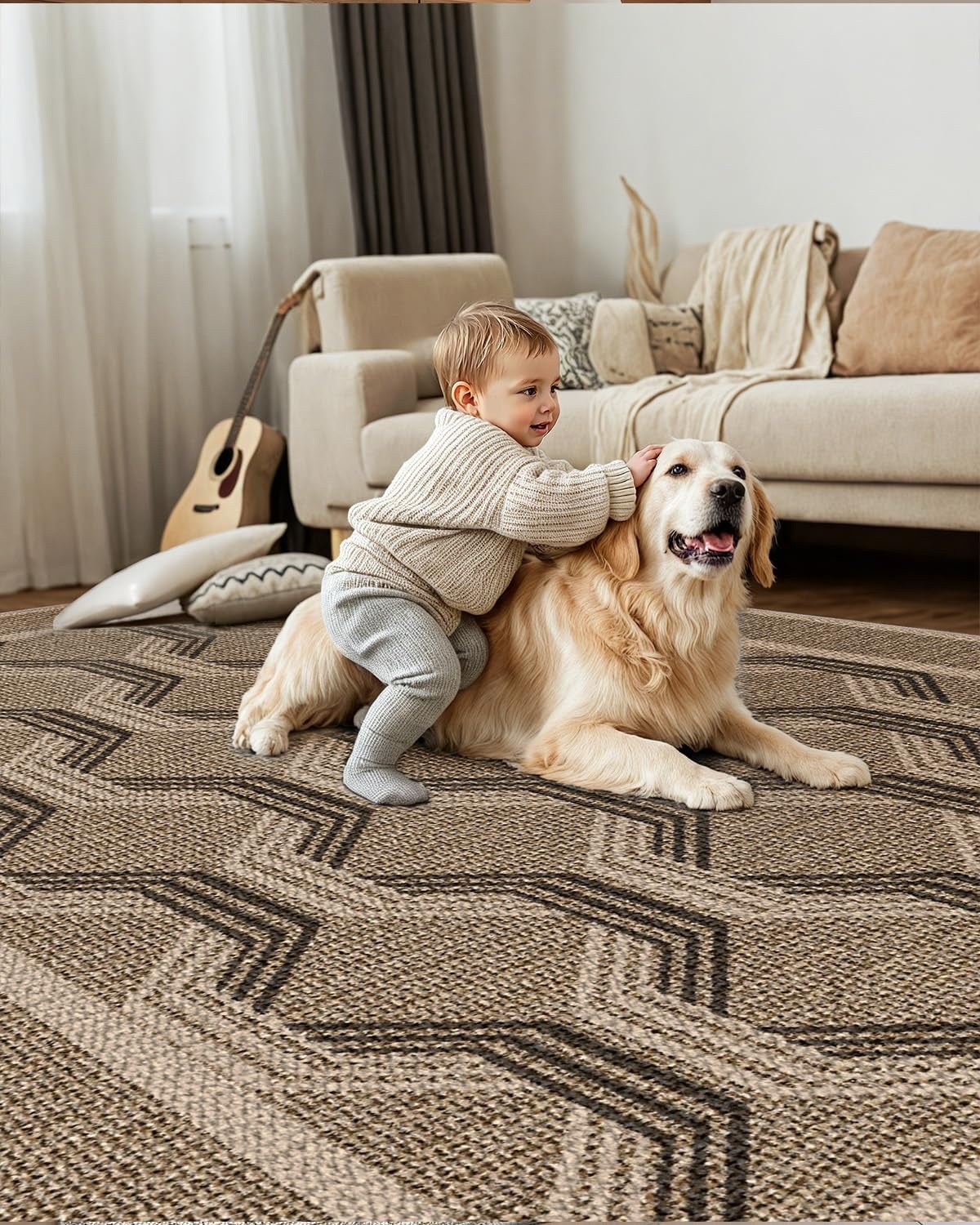 Vloerkleed machinewasbaar laagpolig antislip geometrisch bruin 243x305 cm dun