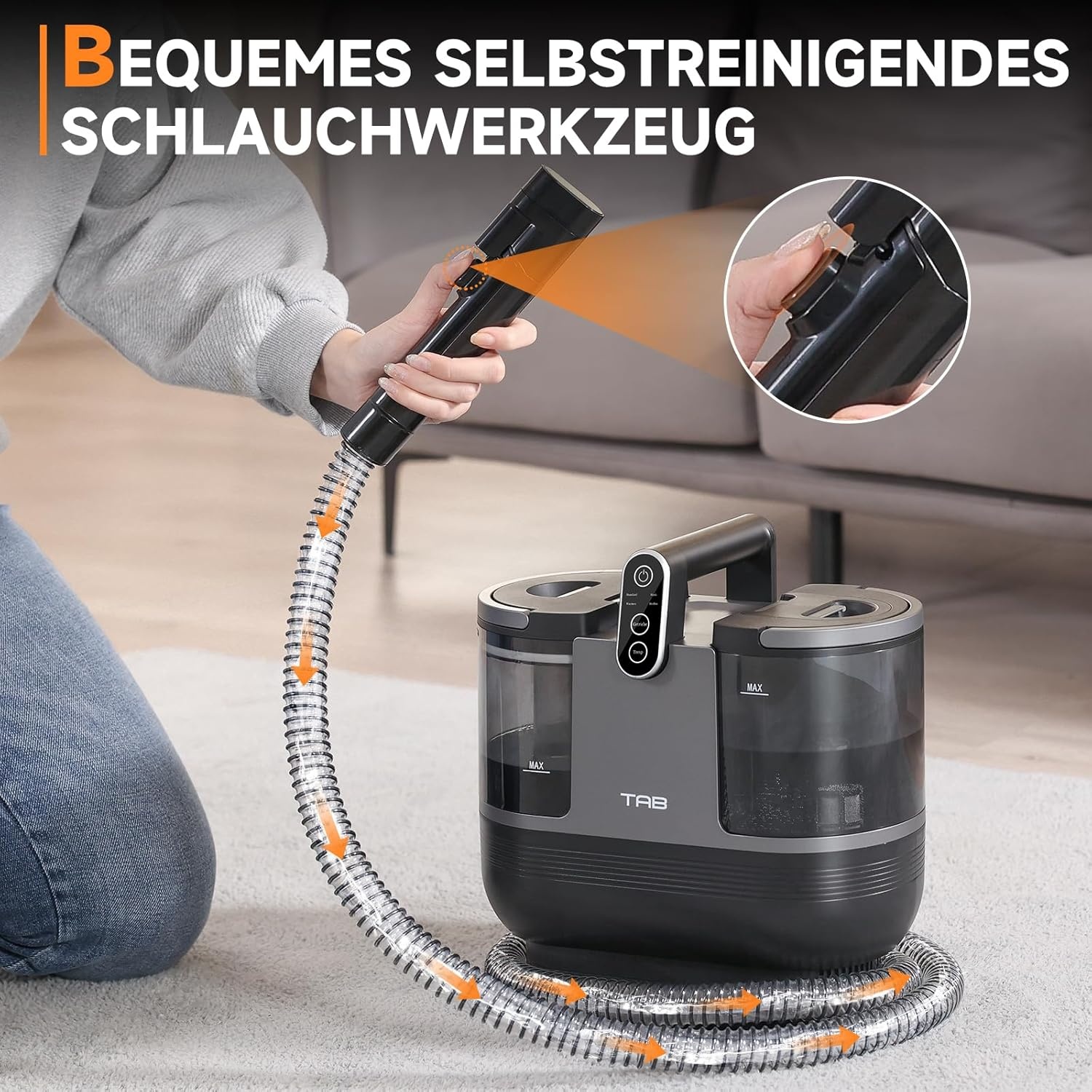 Tapijtreiniger Vlekreiniger met FastHeating, 60°C heet water, 14 kPa zuigkracht en tweetank technologie voor tapijten, trappen, auto's en stoffen