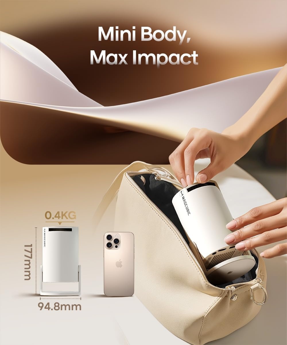 Draagbare Smart Beamer 1080P met 4K ondersteuning, WiFi6, Bluetooth 5.4, Auto Trapeziumcorrectie, 180° Draaibaar voor Thuis & Buiten