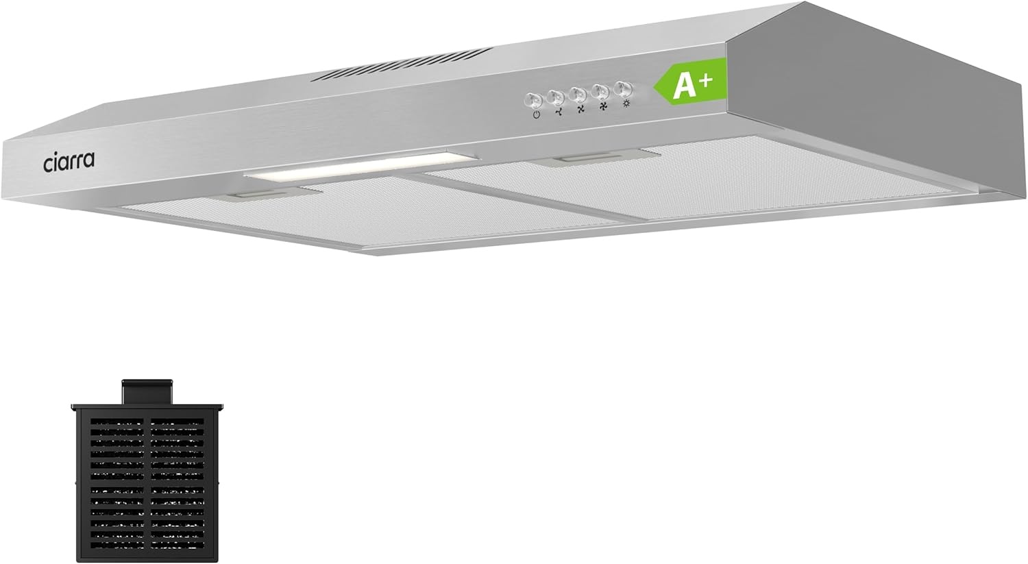 Afzuigkap 60 cm onderbouw, geïntegreerde onderkast, recirculatie/afvoer, 3 standen, A+, RVS zilver