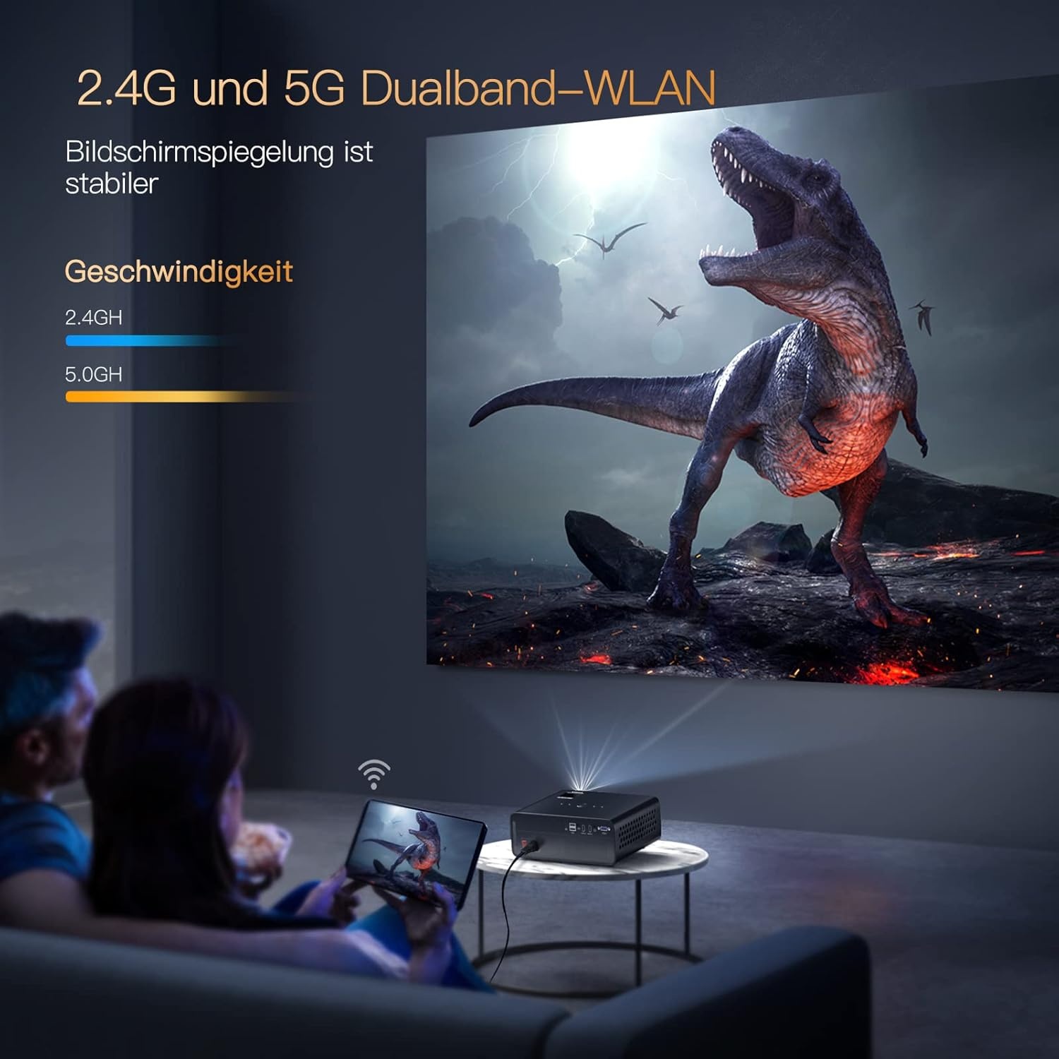 Beamer, Full HD 1080P 9800 Lumen Beamer 5G WiFi Bluetooth Beamer Unterstützung 4K Video, LED Heimkino Videoprojektor 350 Zoll Display, Kompatibel mit Fire Stick, Smartphone, PS5