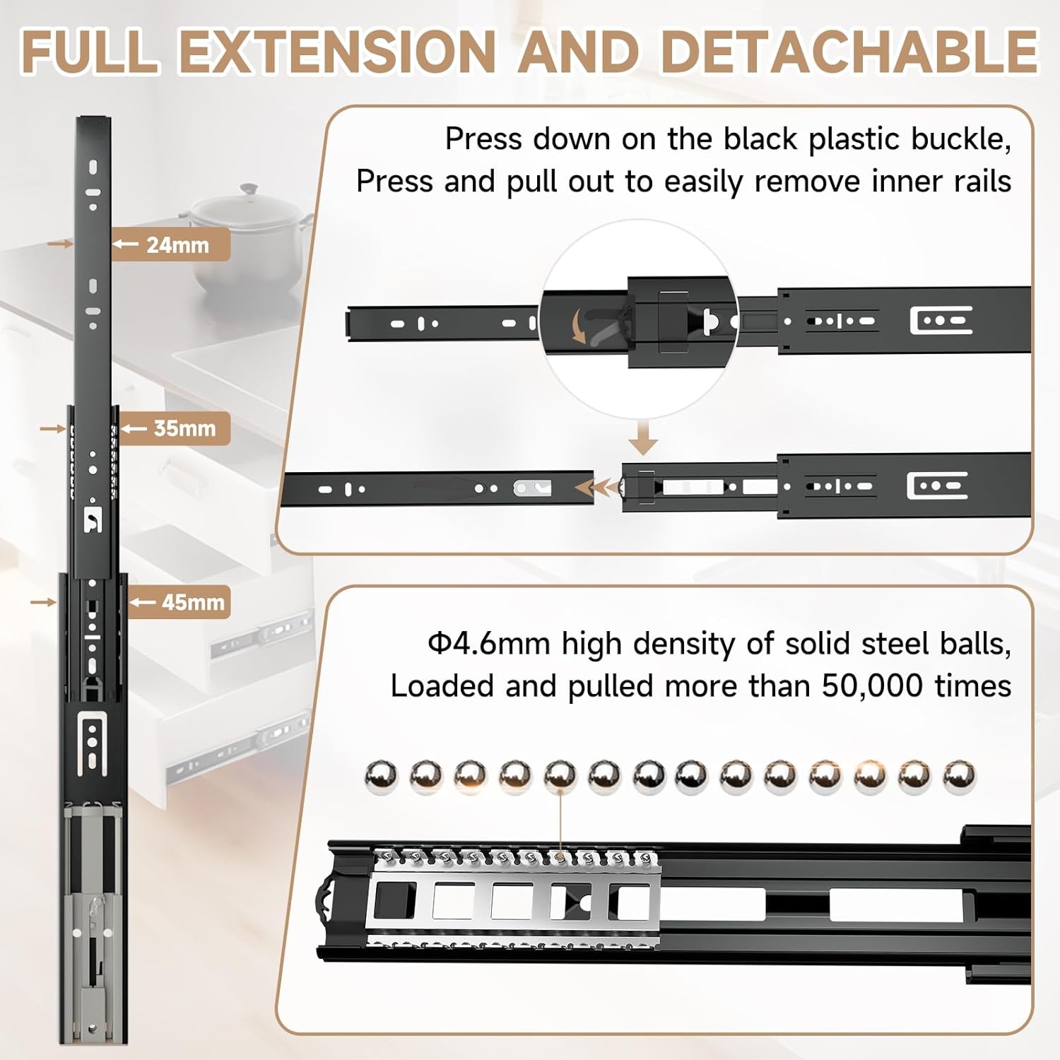 Ladegeleiders Zwart 350mm - Push-to-Open, 45kg, 34% Korting