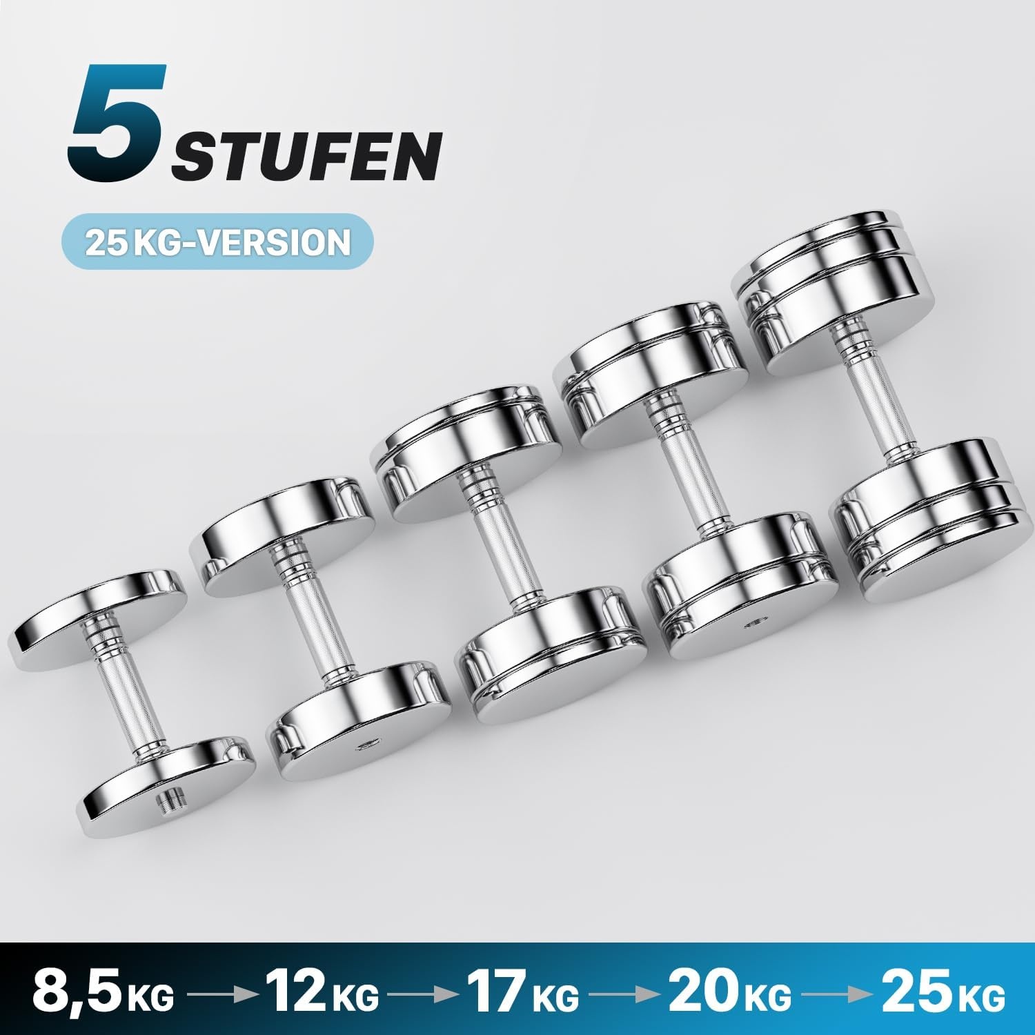 Stalen korte halter 25 kg verstelbaar ultracompact met gekartelde greep voor thuis