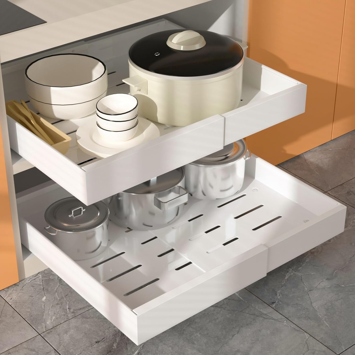 Uittrekbare kastorganizer set van 2, uitbreidbaar 32-52 cm, 53,3 cm diep, met zelfklevende nanofilm voor keuken & voorraadkast