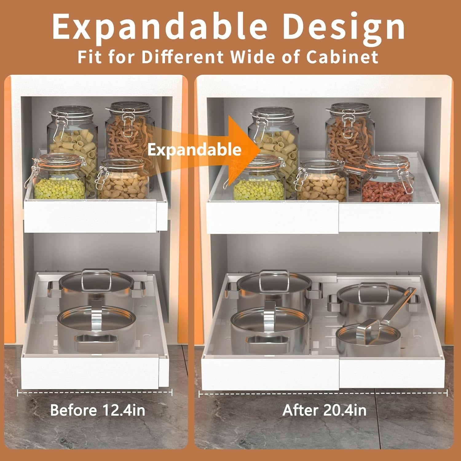 Uittrekbare kastorganizer set van 2, uitbreidbaar 32-52 cm, 53,3 cm diep, met zelfklevende nanofilm voor keuken & voorraadkast