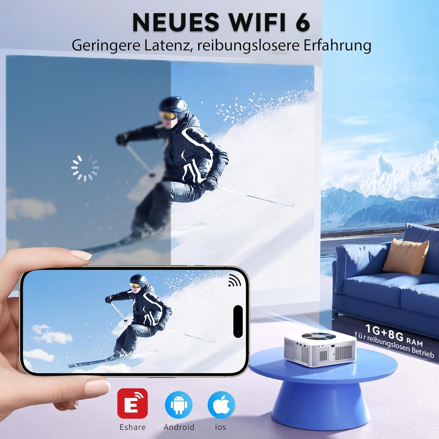 HORLAT Smart 4K Beamer, 28000 Lumen Thuisbioscoop With WiFi 6 Bluetooth for Outdoor, Auto/4P Trapeziumcorrectie, 50% Zoom, Android Projector for Smartphone/TV-Stick