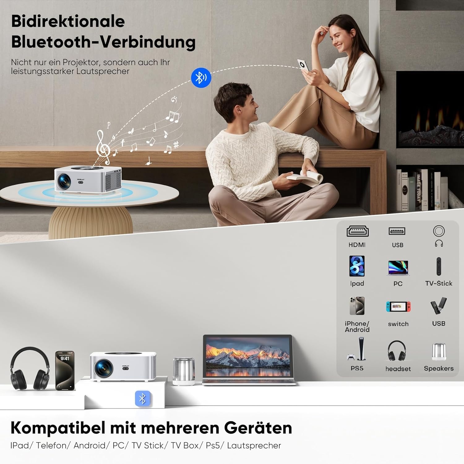 HORLAT Smart 4K Beamer, 28000 Lumen Thuisbioscoop With WiFi 6 Bluetooth for Outdoor, Auto/4P Trapeziumcorrectie, 50% Zoom, Android Projector for Smartphone/TV-Stick