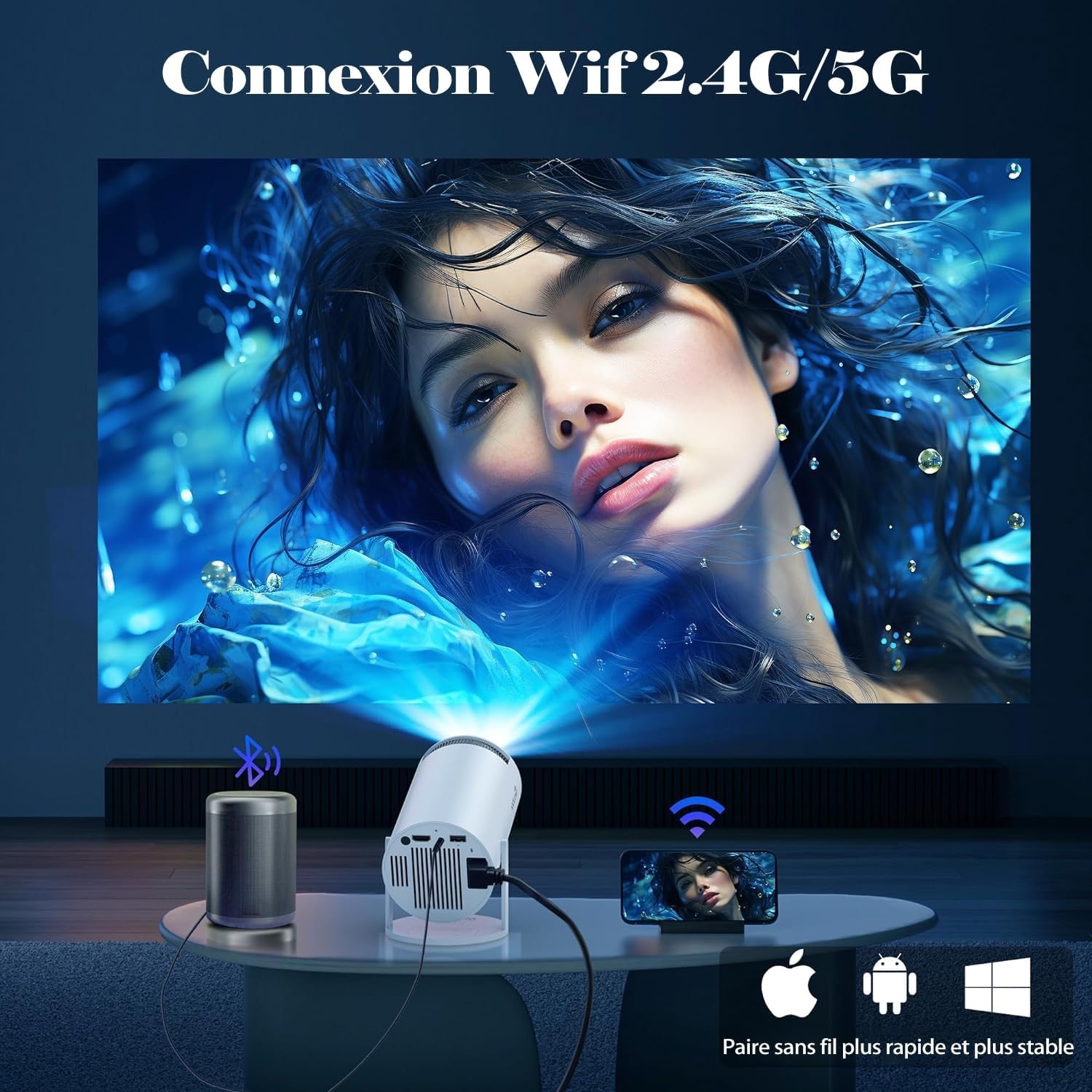 Mini 4K-projector met 180° rotatie 130-inch scherm, automatische keystone-correctie, compatibel met computer, mobiele telefoon - Home Theatre-video