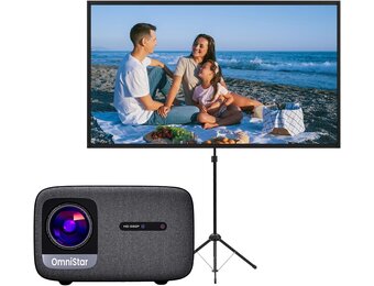CASIRIS Omnistar Beamerset met 100 inch scherm, 1500 ANSI, autofocus, 1080p Full HD met 4K-ondersteuning, 5G WiFi Bluetooth-projector voor thuisbioscoop, outdoor, kantoor