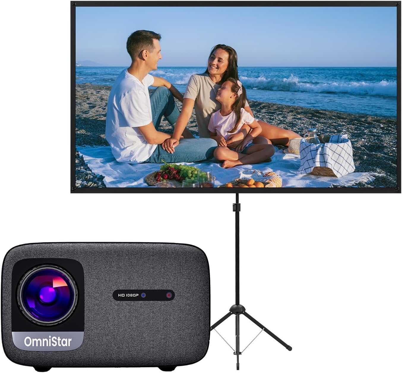 CASIRIS Omnistar Beamerset met 100 inch scherm, 1500 ANSI, autofocus, 1080p Full HD met 4K-ondersteuning, 5G WiFi Bluetooth-projector voor thuisbioscoop, outdoor, kantoor