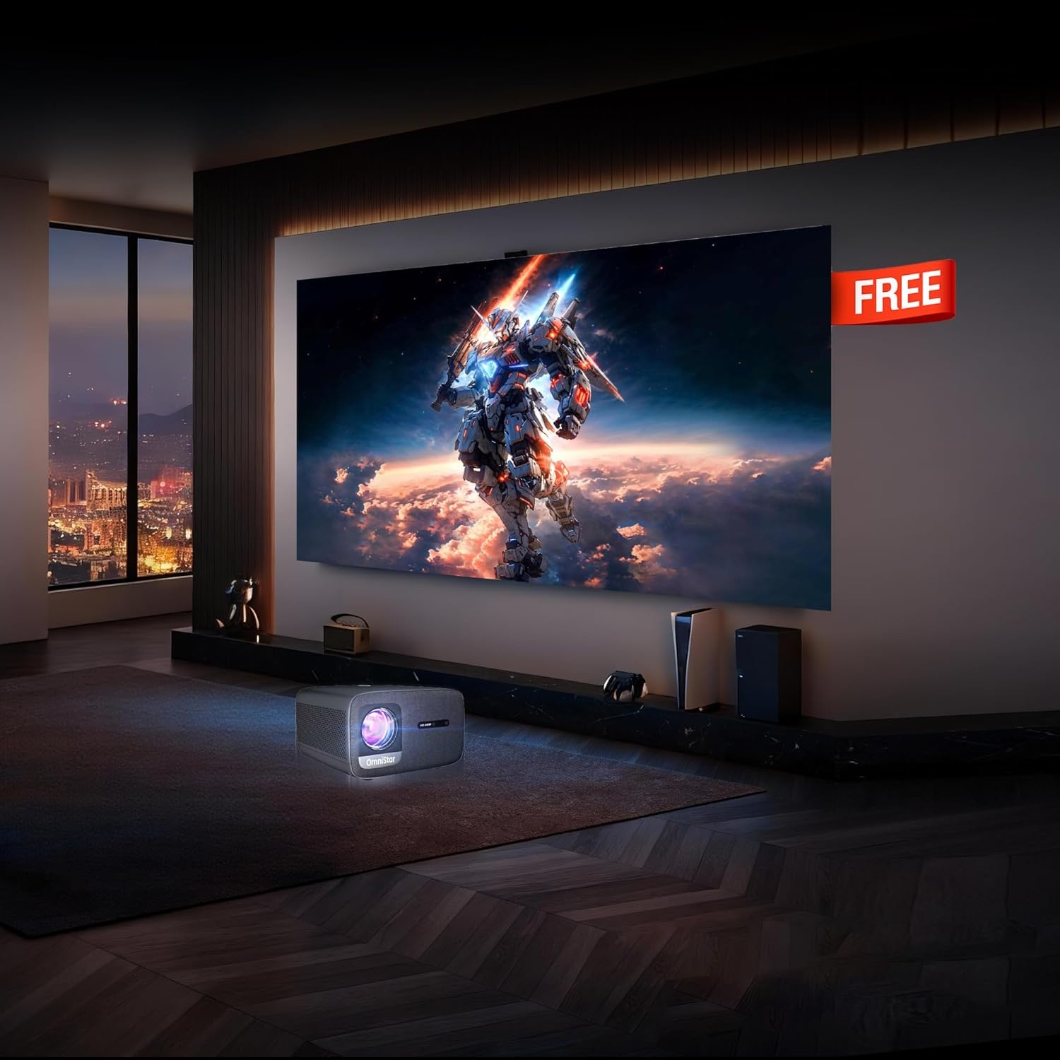 CASIRIS Omnistar Beamerset met 100 inch scherm, 1500 ANSI, autofocus, 1080p Full HD met 4K-ondersteuning, 5G WiFi Bluetooth-projector voor thuisbioscoop, outdoor, kantoor