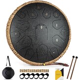 MeloBeat Tongtrommel, 14 inch, 15 tonen, professionele stalen tongtrommel, handpan set in D Dur incl. tongtrommel, liedboek, drumstokjes en trommel draagtas (zwart)