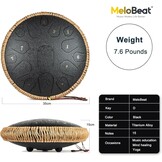 MeloBeat Tongtrommel, 14 inch, 15 tonen, professionele stalen tongtrommel, handpan set in D Dur incl. tongtrommel, liedboek, drumstokjes en trommel draagtas (zwart)