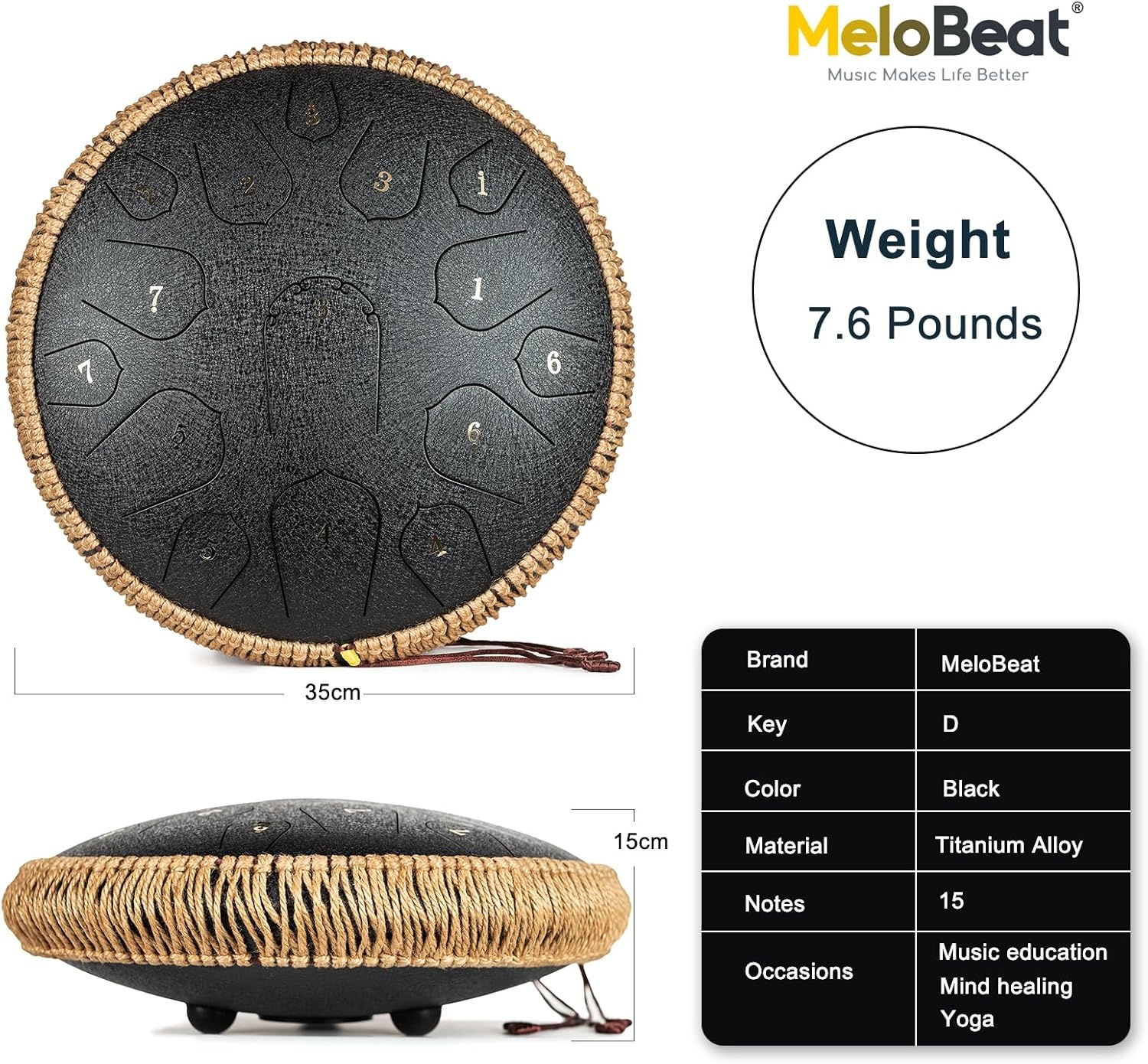 MeloBeat Tongtrommel, 14 inch, 15 tonen, professionele stalen tongtrommel, handpan set in D Dur incl. tongtrommel, liedboek, drumstokjes en trommel draagtas (zwart)