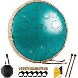 MeloBeat Tongtrommel, 35,5 cm, 15 tonen - professionele stalen tongtrommel handpan set in D majeur inclusief tongtrommel liedboek, drumsticks en trommel draagtas (groen)
