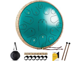 MeloBeat Tongtrommel, 35,5 cm, 15 tonen - professionele stalen tongtrommel handpan set in D majeur inclusief tongtrommel liedboek, drumsticks en trommel draagtas (groen)