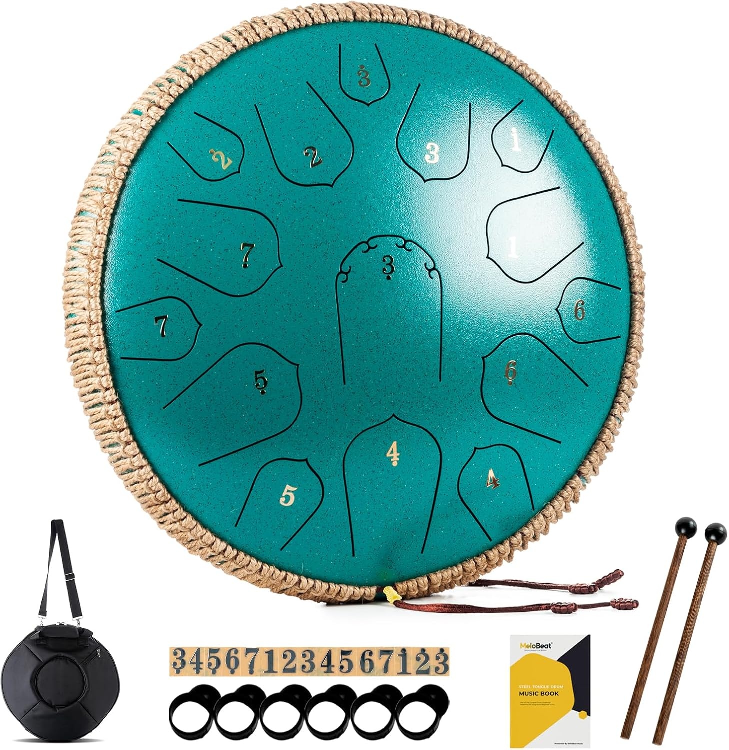 MeloBeat Tongtrommel, 35,5 cm, 15 tonen - professionele stalen tongtrommel handpan set in D majeur inclusief tongtrommel liedboek, drumsticks en trommel draagtas (groen)