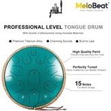 MeloBeat Tongtrommel, 35,5 cm, 15 tonen - professionele stalen tongtrommel handpan set in D majeur inclusief tongtrommel liedboek, drumsticks en trommel draagtas (groen)