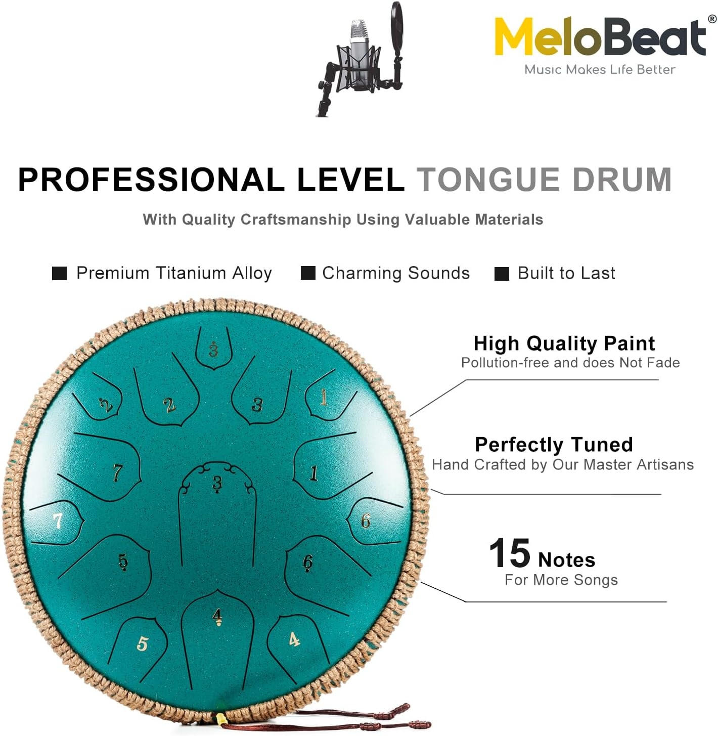 MeloBeat Tongtrommel, 35,5 cm, 15 tonen - professionele stalen tongtrommel handpan set in D majeur inclusief tongtrommel liedboek, drumsticks en trommel draagtas (groen)
