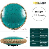 MeloBeat Tongtrommel, 35,5 cm, 15 tonen - professionele stalen tongtrommel handpan set in D majeur inclusief tongtrommel liedboek, drumsticks en trommel draagtas (groen)