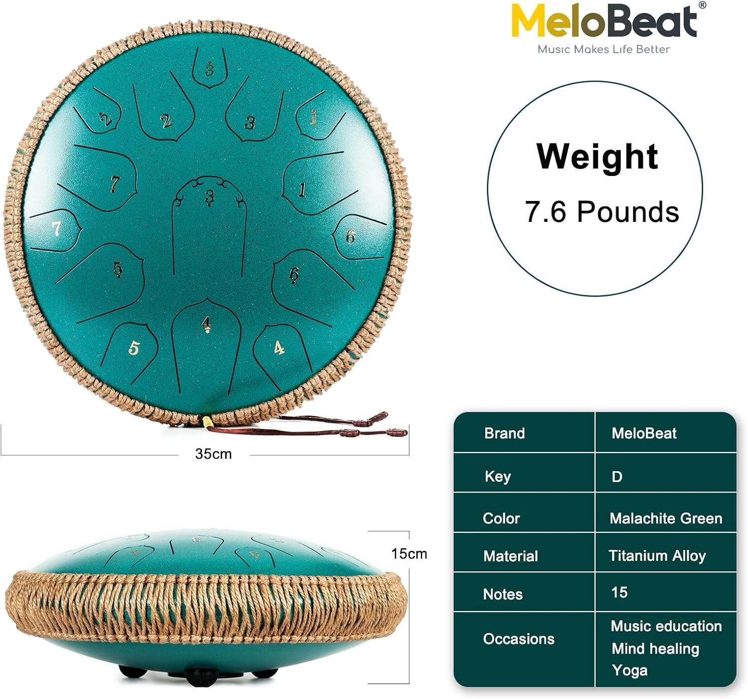 MeloBeat Tongtrommel, 35,5 cm, 15 tonen - professionele stalen tongtrommel handpan set in D majeur inclusief tongtrommel liedboek, drumsticks en trommel draagtas (groen)
