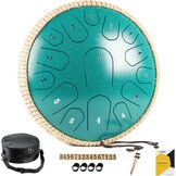 MeloBeat Tongtrommel, 35,5 cm, 15 tonen - professionele stalen tongtrommel handpan set in D majeur inclusief tongtrommel liedboek, drumsticks en trommel draagtas (groen)