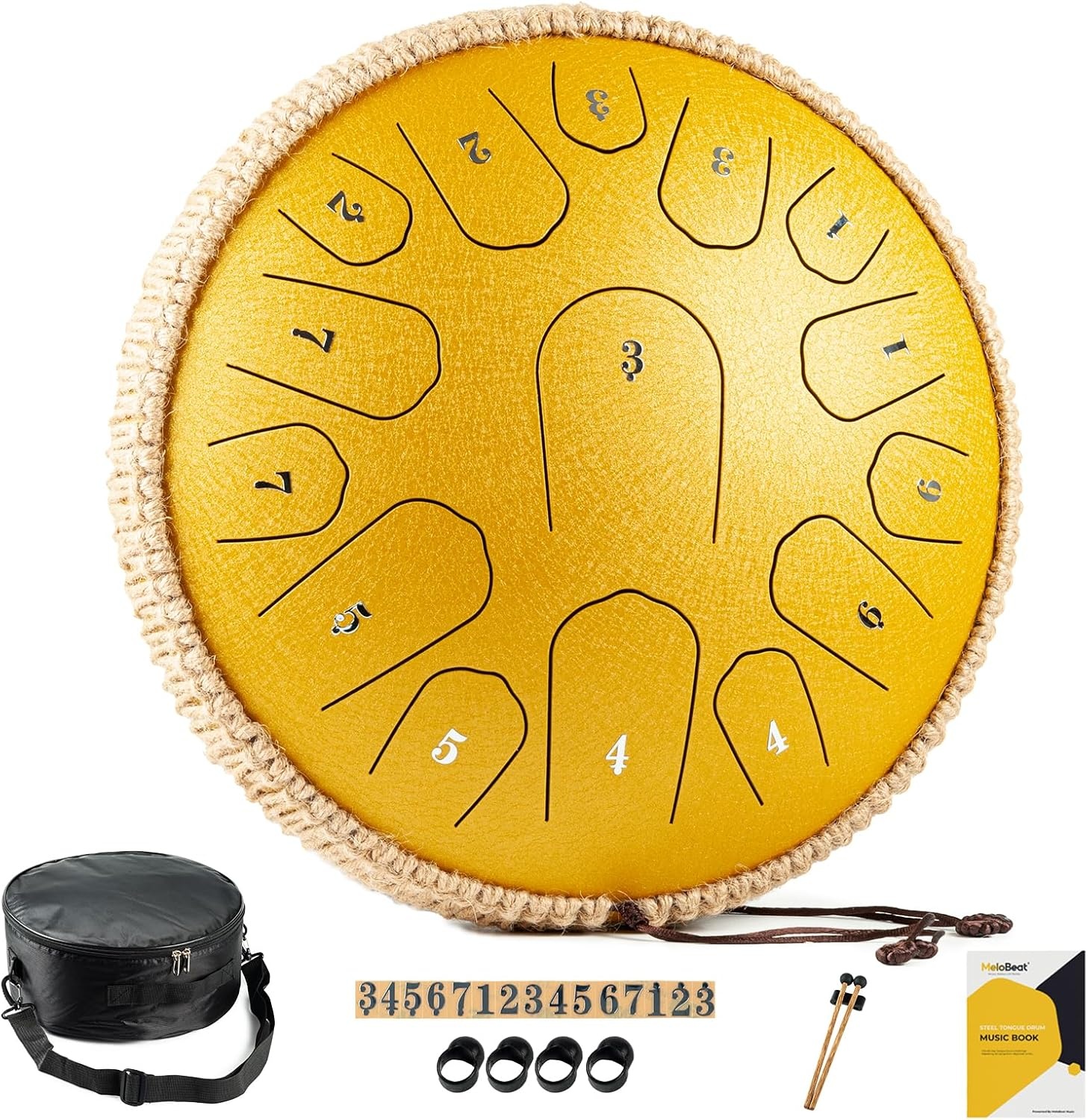 MeloBeat Tongtrommel, 35,5 cm, 15 tonen - professionele stalen tongtrommel handpan set in D majeur inclusief tongtrommel liedboek, drumsticks en trommel draagtas (groen)