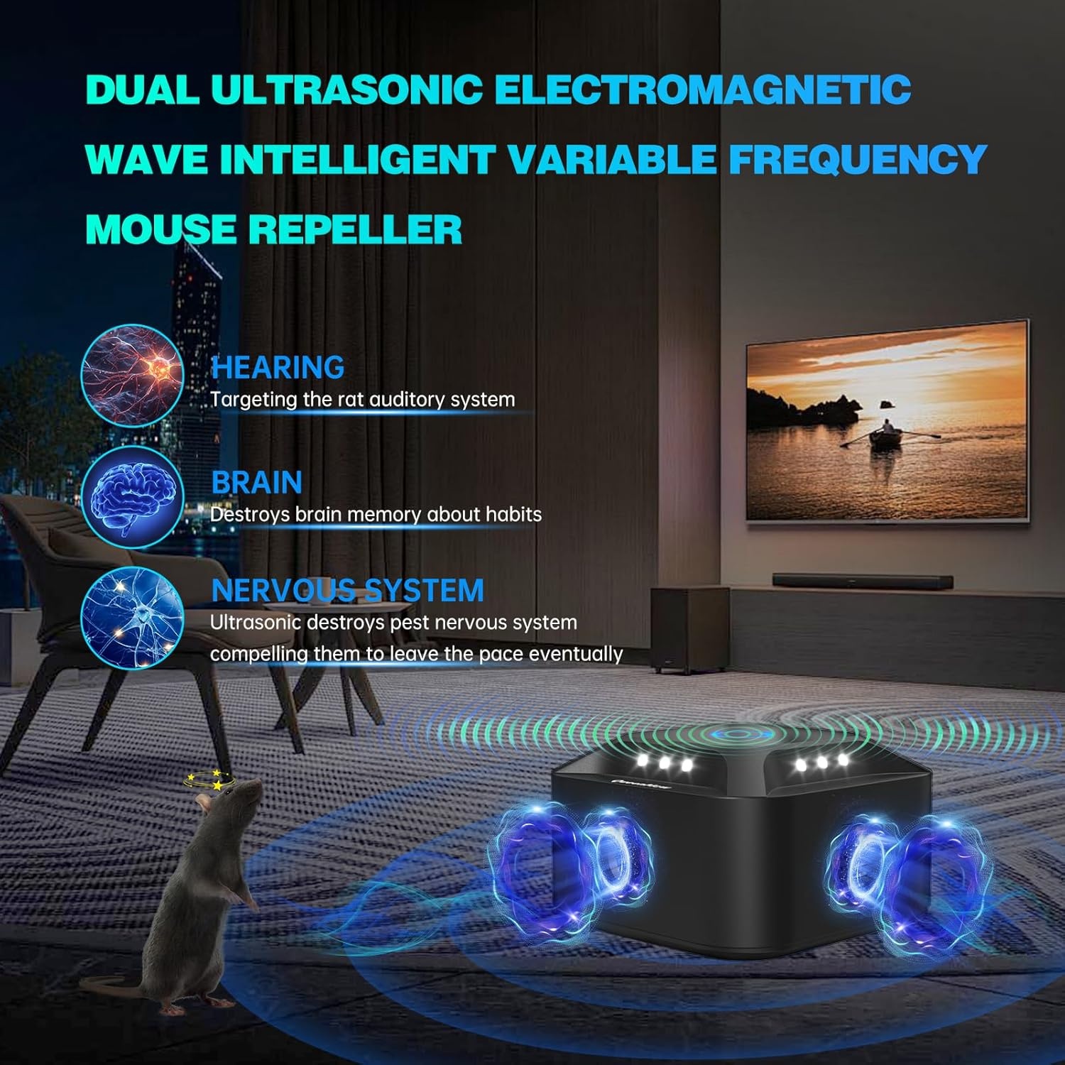 Ultrasone muizenverjager, 360° muizenverjager, frequentie regelbaar, muizenafweer, steekbaar, ongedierteafweer, rattenafschrikking, voor binnen, rattenafschrikking, met led-stroboscooplicht