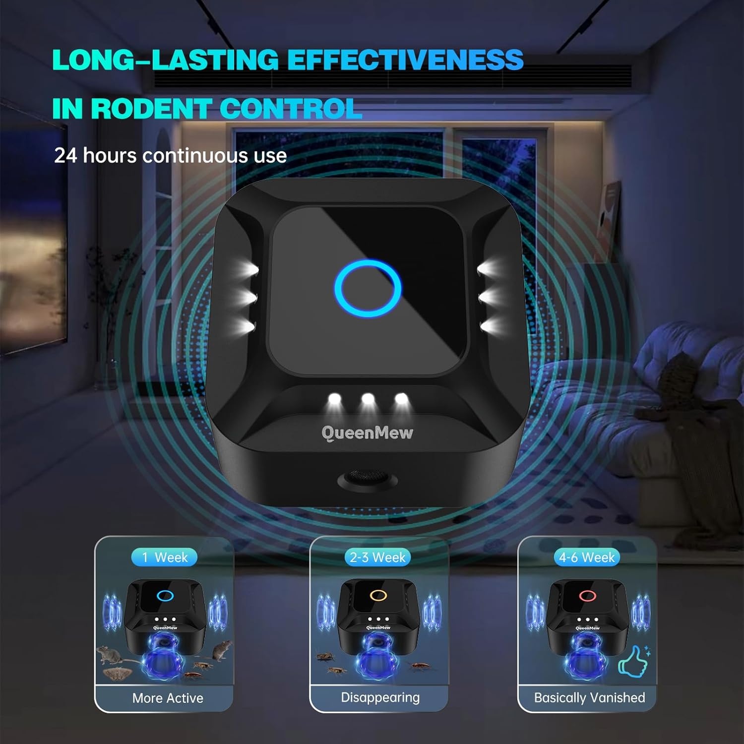 Ultrasone muizenverjager, 360° muizenverjager, frequentie regelbaar, muizenafweer, steekbaar, ongedierteafweer, rattenafschrikking, voor binnen, rattenafschrikking, met led-stroboscooplicht