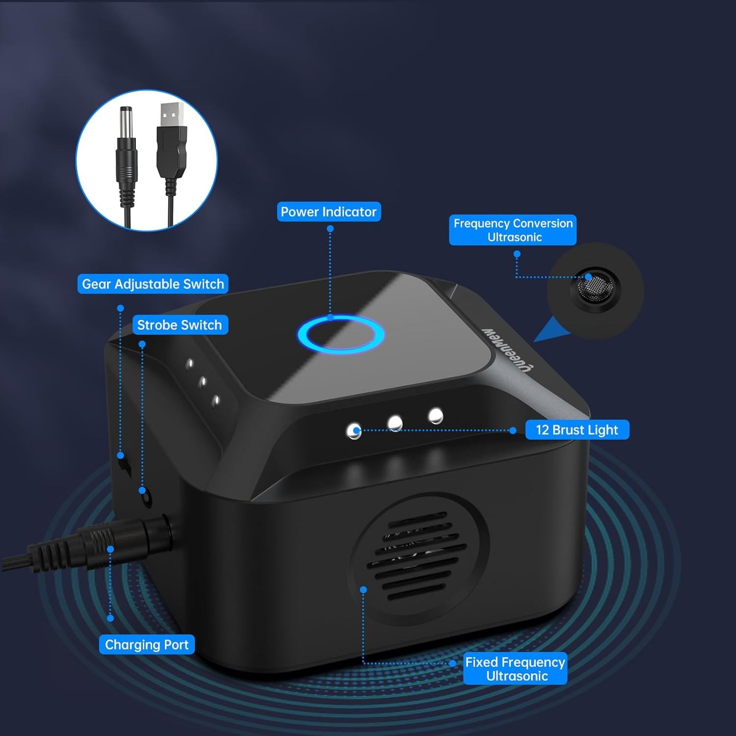 Ultrasone muizenverjager, 360° muizenverjager, frequentie regelbaar, muizenafweer, steekbaar, ongedierteafweer, rattenafschrikking, voor binnen, rattenafschrikking, met led-stroboscooplicht