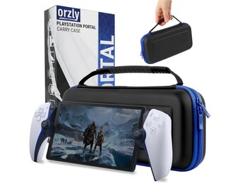Orzly Draagtas ontworpen voor Playstation Portal Remote Player voor PS5-console bevat accessoires, reis- en opslagbescherming voor headset-oplader en meer zwart/blauw - Geschenkdoos editie