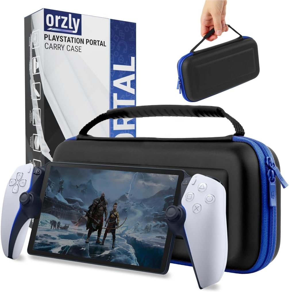 Orzly Draagtas ontworpen voor Playstation Portal Remote Player voor PS5-console bevat accessoires, reis- en opslagbescherming voor headset-oplader en meer zwart/blauw - Geschenkdoos editie