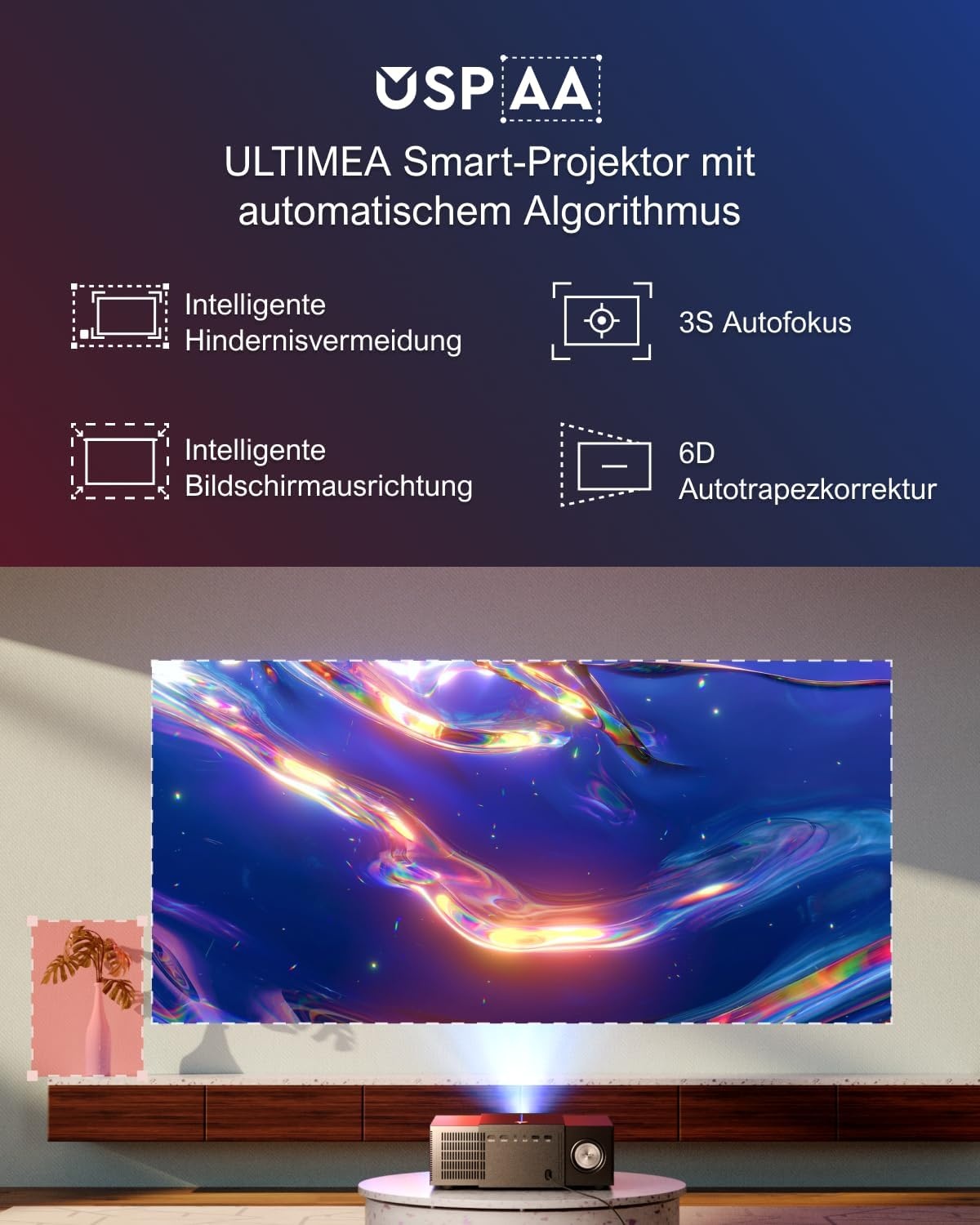 ULTIMEA Native Full HD 1080p beamer, 4K-projector, ondersteunt 900 ANSI, objectvermijding, automatische focus/keystone in 6D, wifi-bluetooth-overheadprojector voor iOS/Android/tv-stick