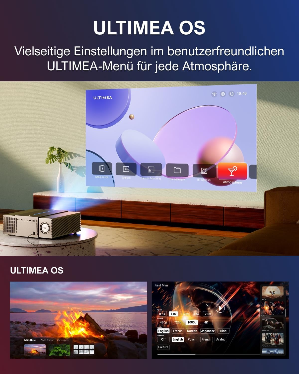 ULTIMEA Native Full HD 1080p beamer, 4K-projector, ondersteunt 900 ANSI, objectvermijding, automatische focus/keystone in 6D, wifi-bluetooth-overheadprojector voor iOS/Android/tv-stick
