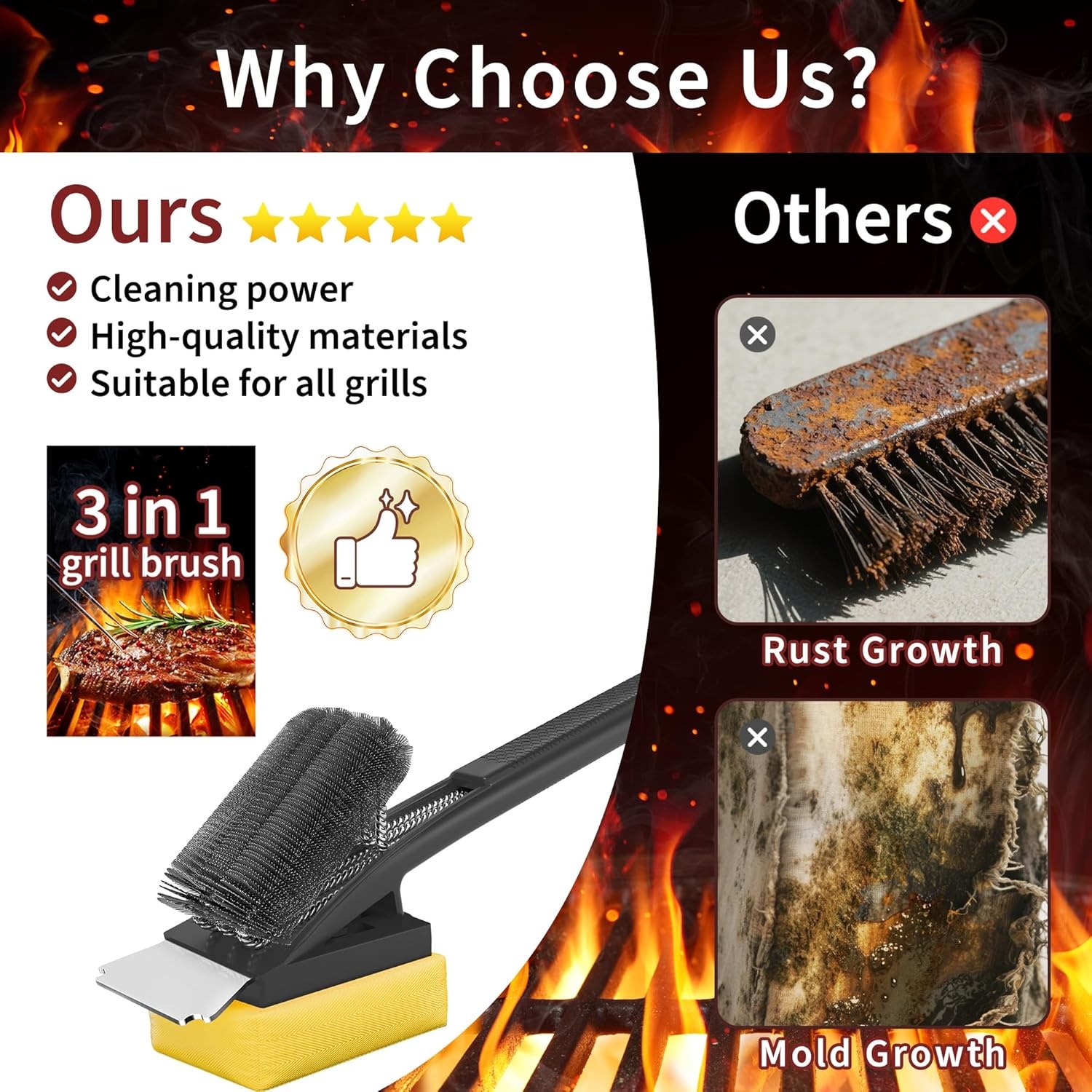 Grillborstel met hittebestendige kop, grillreinigingsborstel met lange borstelharen, roestvrijstalen spatel en extra lange warmte-isolerende handgreep, voor alle barbecues, zwart