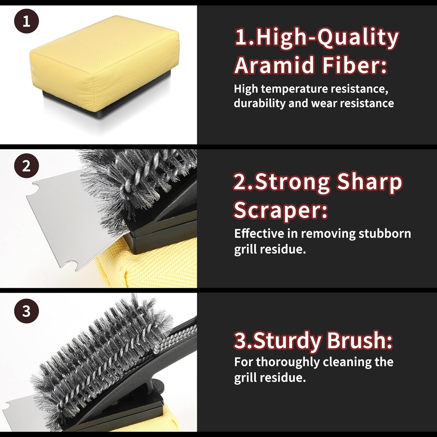 Grillborstel met hittebestendige kop, grillreinigingsborstel met lange borstelharen, roestvrijstalen spatel en extra lange warmte-isolerende handgreep, voor alle barbecues, zwart