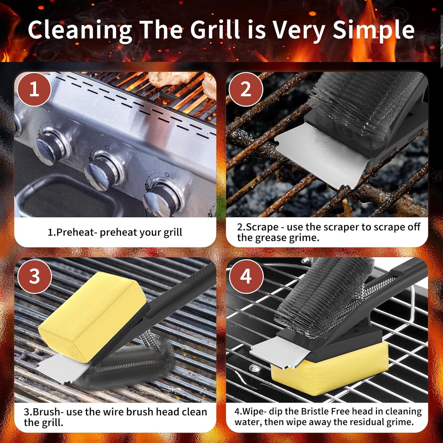 Grillborstel met hittebestendige kop, grillreinigingsborstel met lange borstelharen, roestvrijstalen spatel en extra lange warmte-isolerende handgreep, voor alle barbecues, zwart