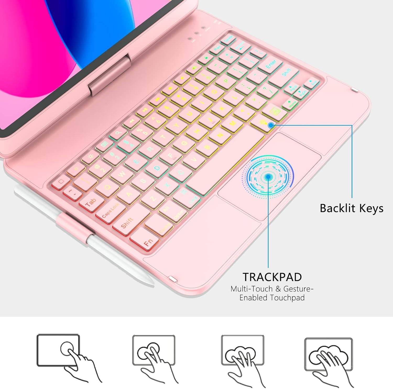 Hoes met Toetsenbord & Stylus voor iPad 10e Gen 10.9" - 360° Draaibaar, Verlicht Spaans QWERTY