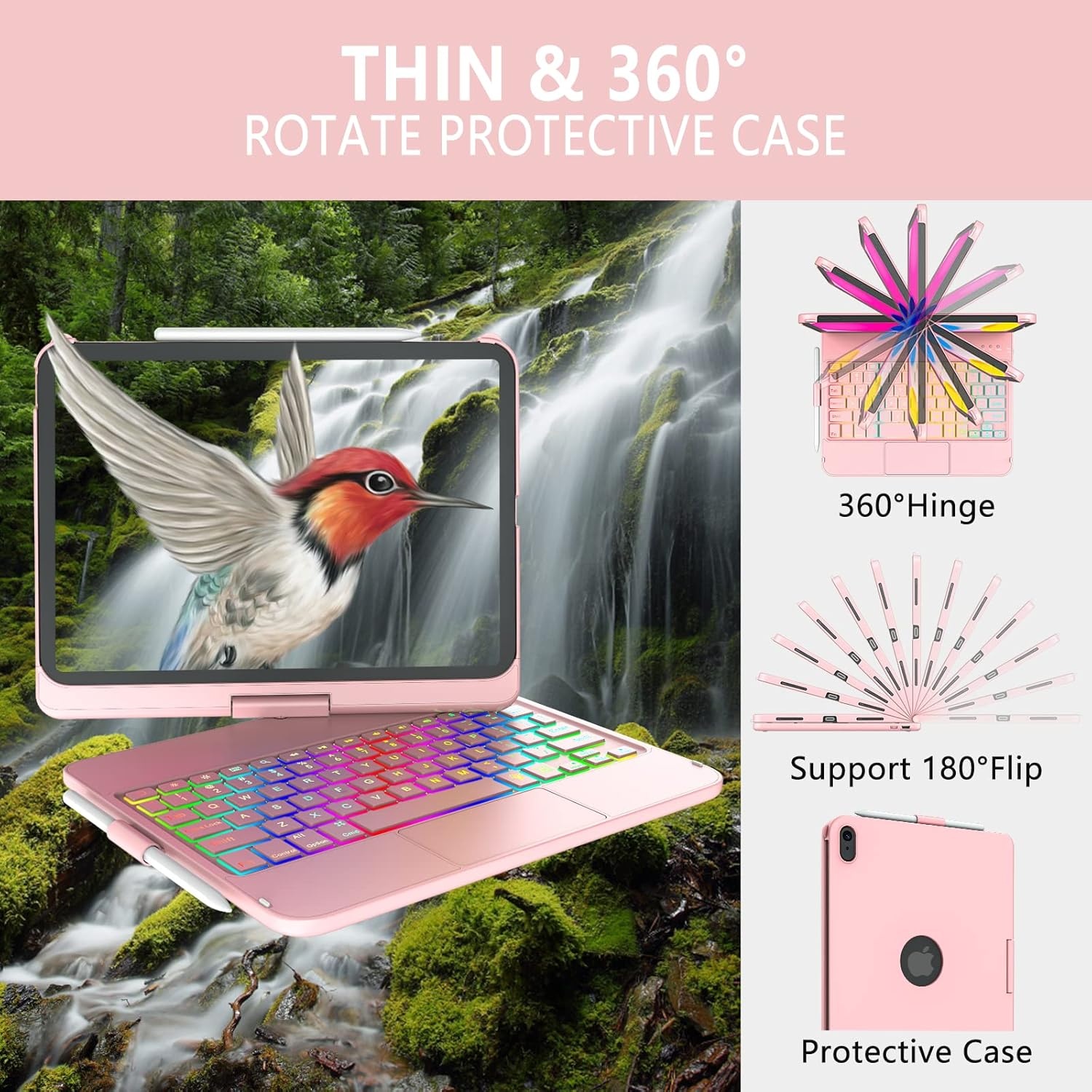 iPad Toetsenbordhoes 10.9 inch (10e generatie) 2022 met 10-kleurige achtergrondverlichting, 360° draaibaar, penhouder en Spaanse indeling