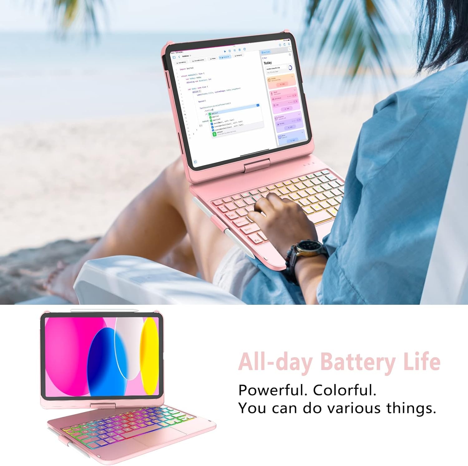 Hoes met Toetsenbord & Stylus voor iPad 10e Gen 10.9" - 360° Draaibaar, Verlicht Spaans QWERTY