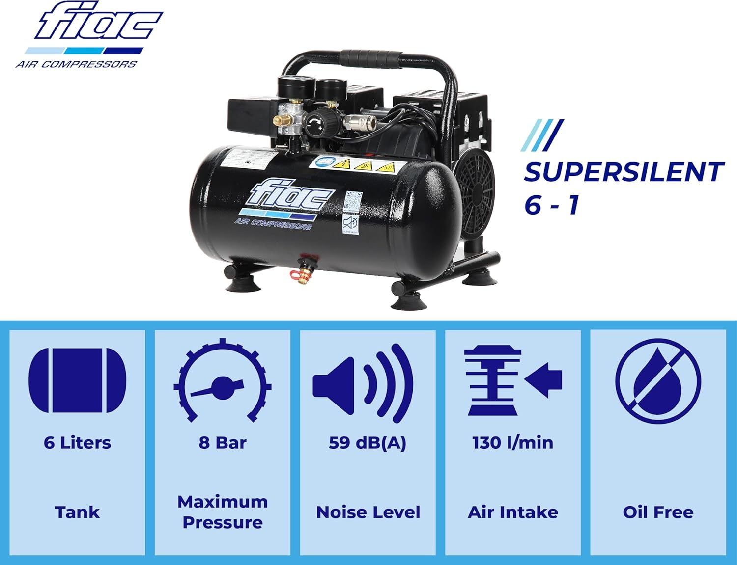 FIAC Draagbare luchtcompressor Supersilent 6, olievrij, maximale druk 8 bar, 1 pk, tank 6 liter, geluidsniveau 58 dB LpA