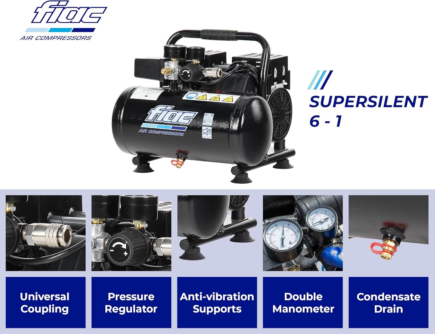 FIAC Draagbare luchtcompressor Supersilent 6, olievrij, maximale druk 8 bar, 1 pk, tank 6 liter, geluidsniveau 58 dB LpA