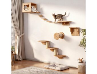 XXL kattenklimwand, wandbox van hout, 4-delig, met kattenhol, hangbrug, trap en sisalkolom, perfect wandmeubel voor katten