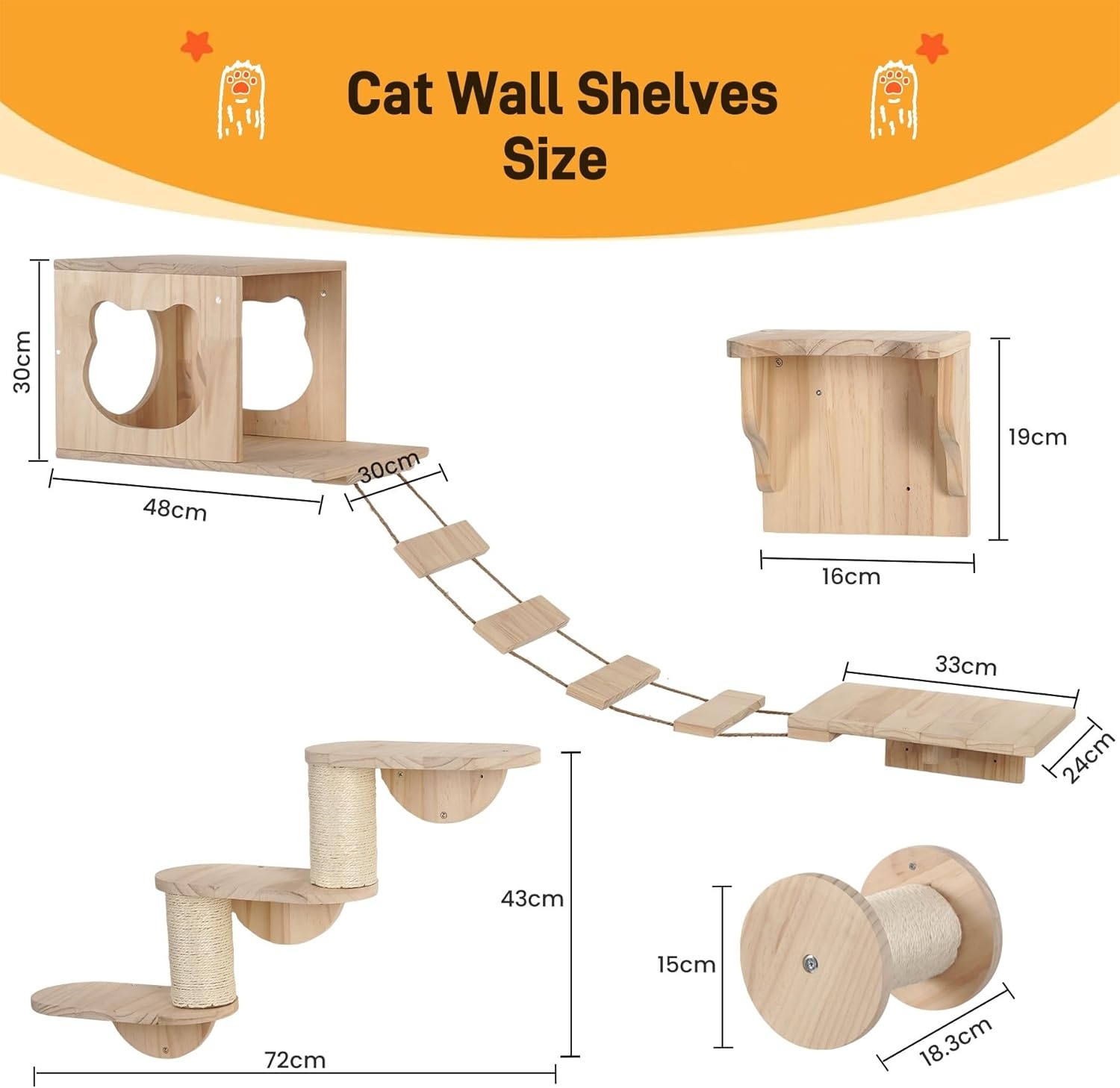 XXL kattenklimwand, wandbox van hout, 4-delig, met kattenhol, hangbrug, trap en sisalkolom, perfect wandmeubel voor katten